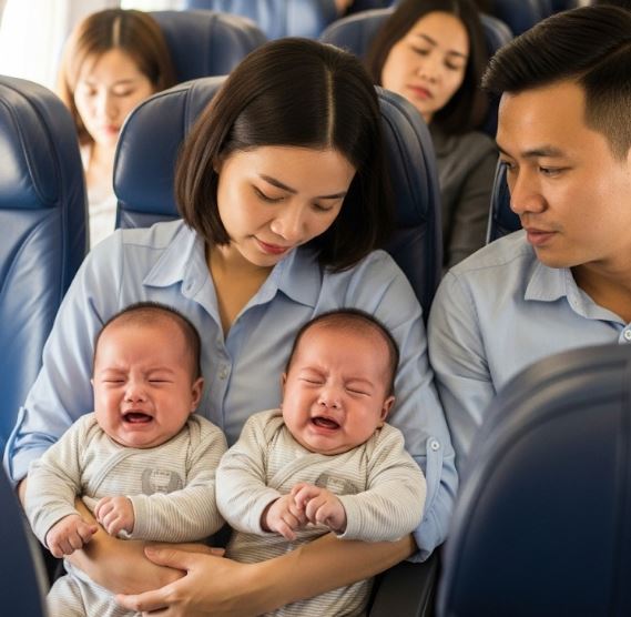 Người mẹ đ:ơn th:ân bị m:ắng m:ỏ vì để 2 con sinh đôi khóc trên máy bay, đúng lúc…