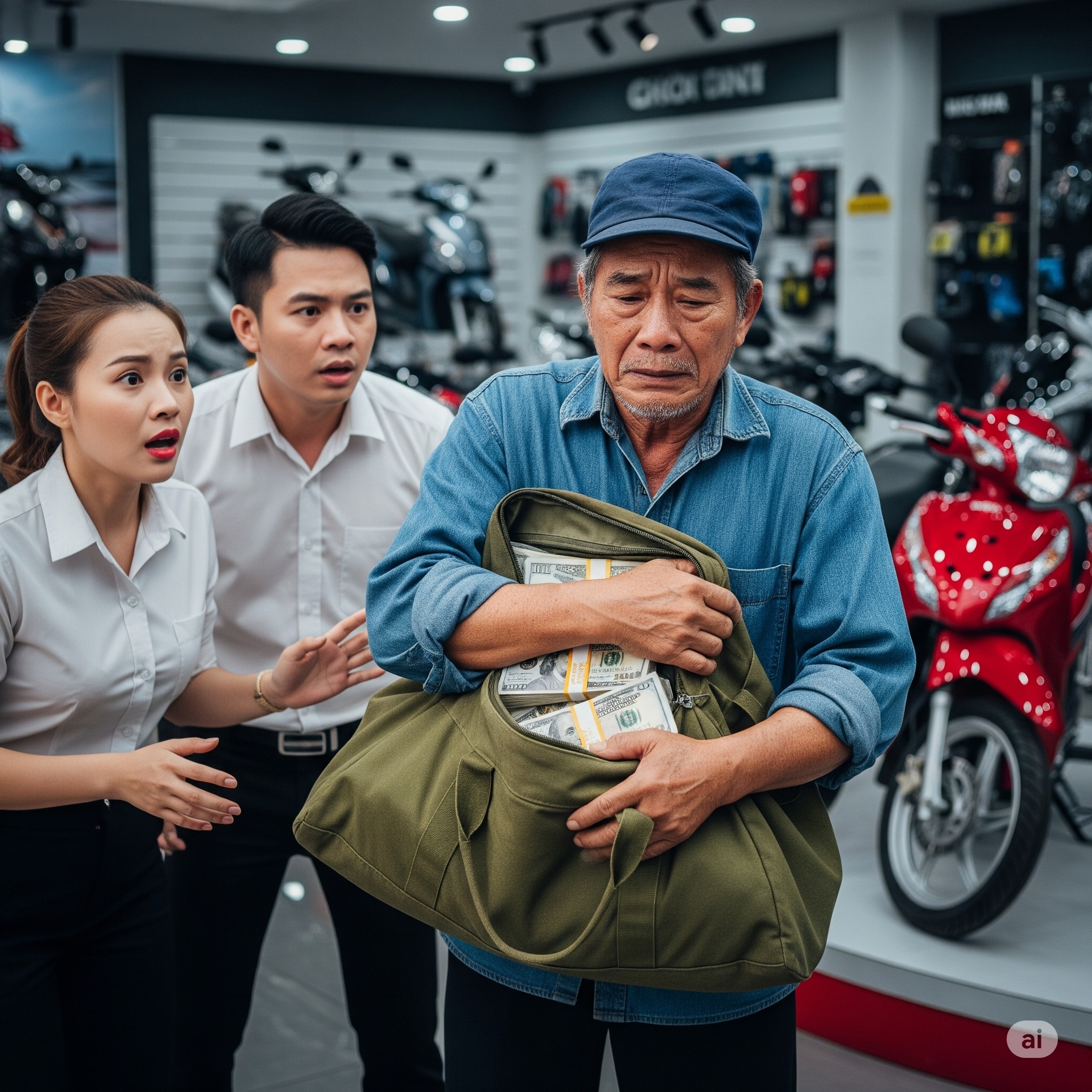 Người đàn ông ngh/èo mang theo một balo tiền mặt đi mua xe máy đắt tiền, nhân viên cửa hàng thấy ng/hi ng/ờ nên lập tức gọi CS tới